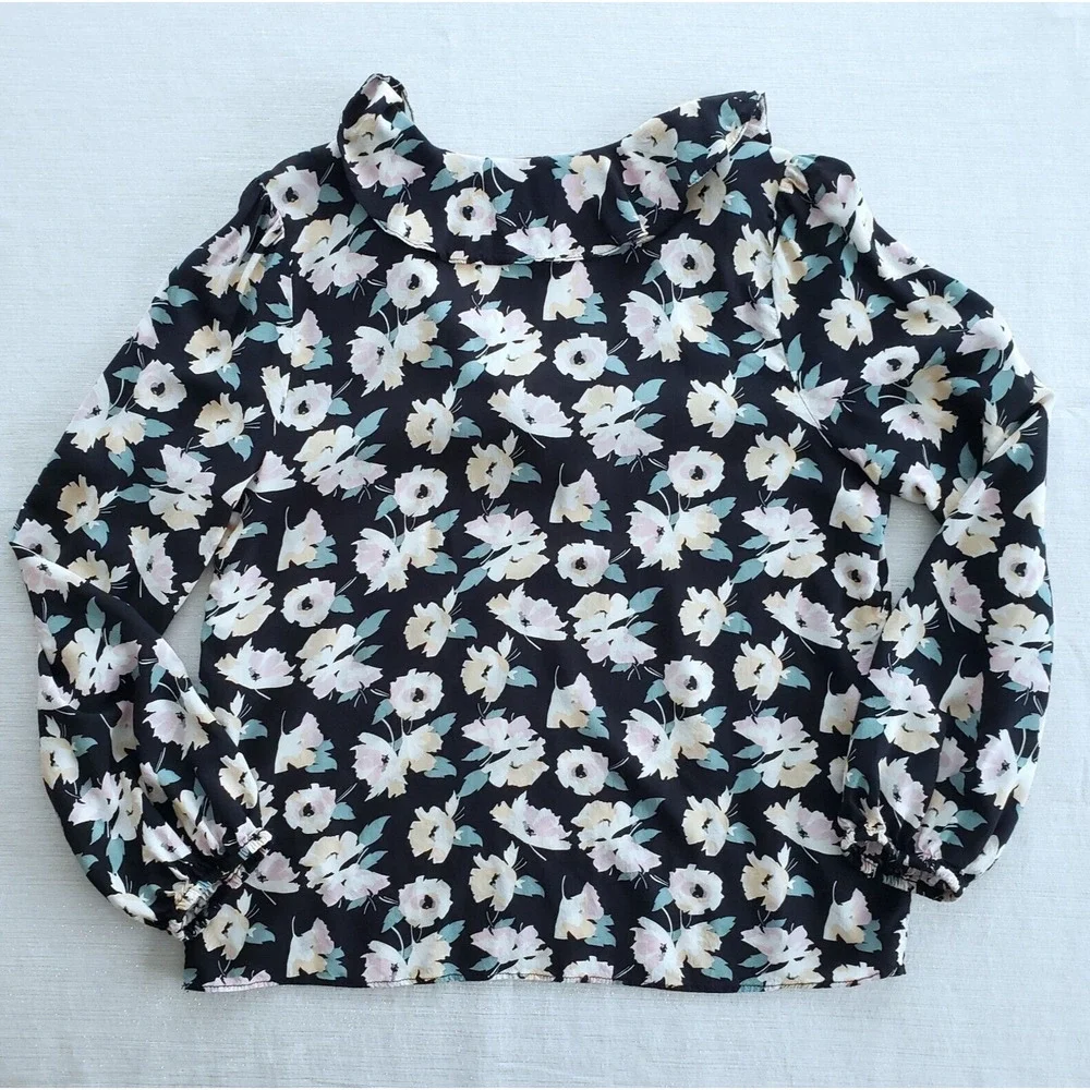 Philosophy Top Womens L Blue Floral Tie Neck Blouse Cottagecore Preppy Boho Twee